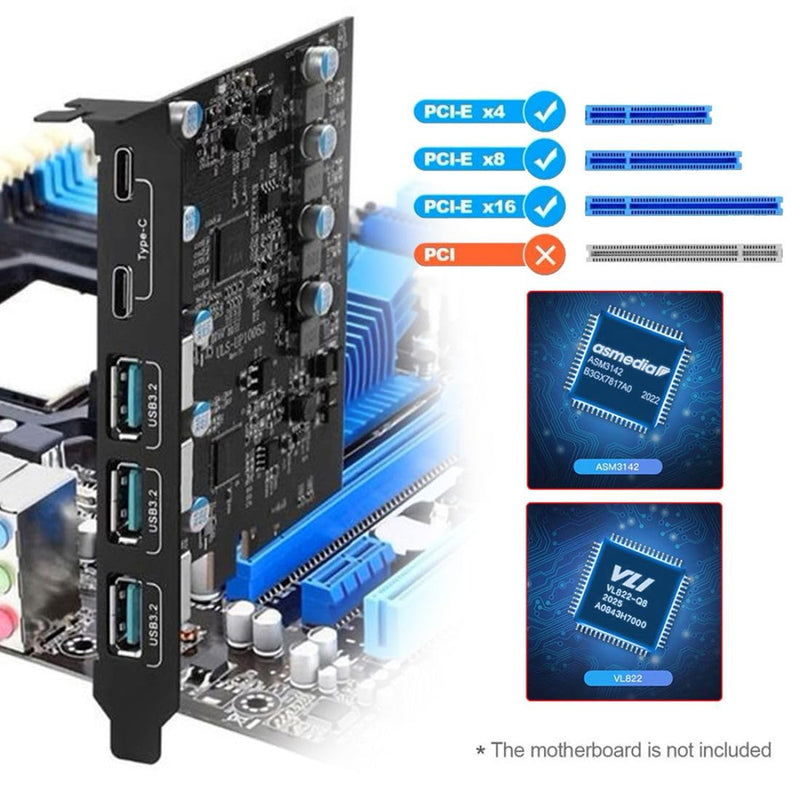 chenyang 5 Port PCI-E 4X to 2 USB C/3 USB 3.0 Panel Socket USB 3.2 Gen2 PCI Express Expansion Card Adapter with ASM3142 VL822 Dual Chipset 5 Port 2 USB C/3 USB 3.0