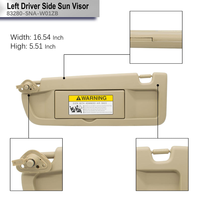 Left Driver Side Sun Visor Replacement Compatible with Honda Civic 2006 2007 2008 2009 2010 2011 Replaces# 83280-SNA-W01ZB Color Beige Beige(Left Driver)