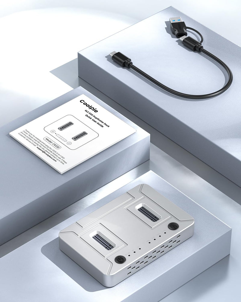 M.2 NVMe SATA SSD Cloner : Coolpie CR220 Dual-Bay Offline Clone M.2 Duplicator, Tool-Free 20Gbps USB3.2 Gen2*2 M.2 Docking Station for SSDs 2230/2242/2260/2280/22110