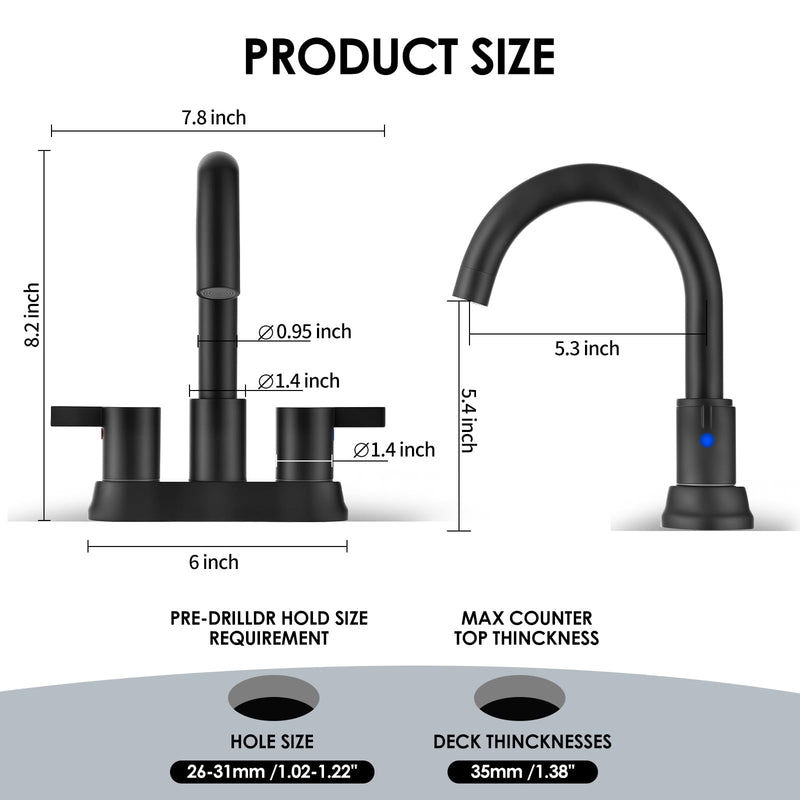 Two Handle 4 inch Black Bathroom Faucet, Bathroom Sink Faucet for 3 Holes with Pop-up Drain and 2 Supply Hoses, Lead-Free
