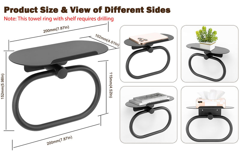 Hand Towel Ring with Shelf, Stainless Steel Hand Towel Holder, Heavy Duty Bath Accessories, Wall Mounted Towel Hanger for Bathroom Kitchen (Matte Black) Matte Black