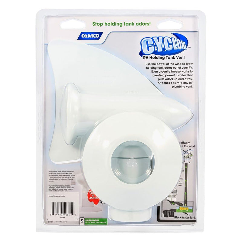 Camco Cyclone Rotating Sewer Plumbing Vent - Rids Odors from Your RV Holding Tank, Rotes 360 Degrees to Pull Odors Up and Away - White (40595)