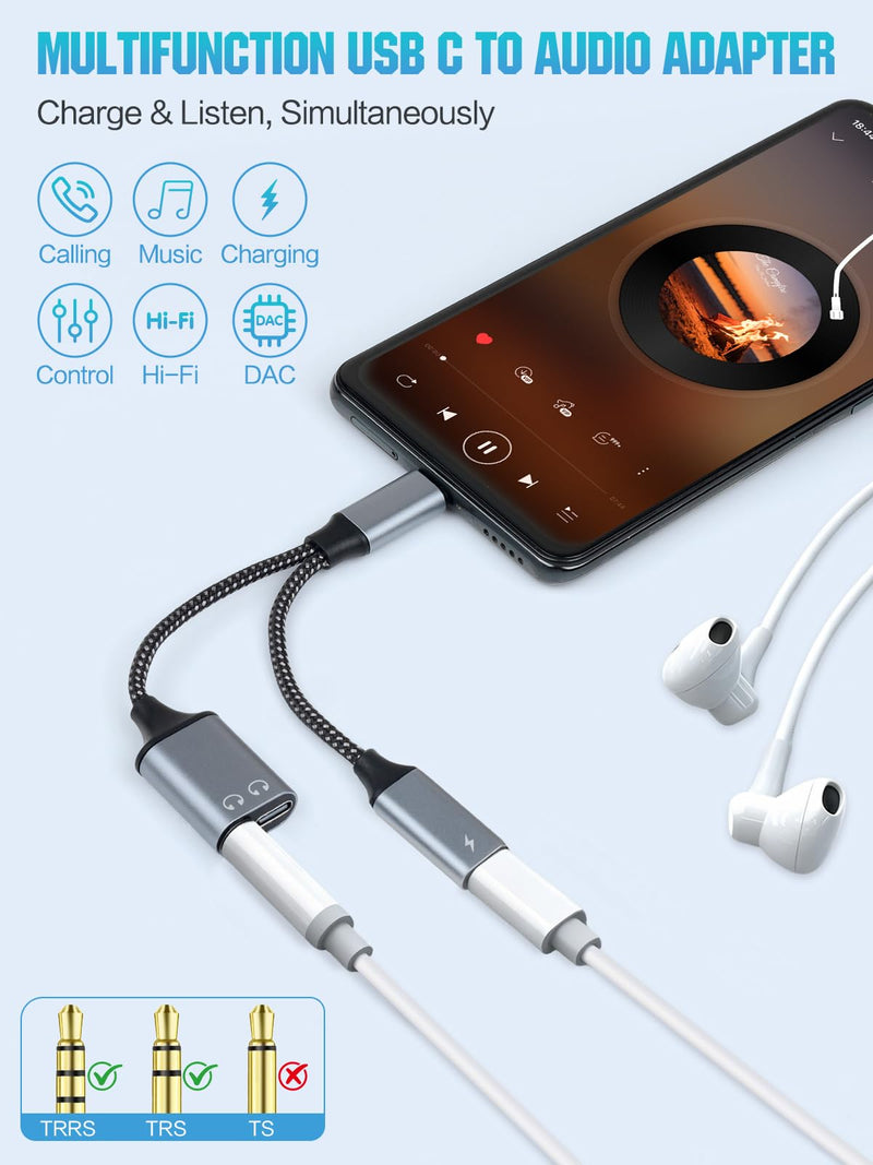 3-in-1 USB-C to 3.5mm Headphone Adapter & Charger, Type-C to Dual USB-C & Aux Audio Splitter with PD Fast Charging & DAC Chip, Compatible with iPhone 16/15 Pro Max, iPad, S24/S23, Pixel (Grey) grey-1