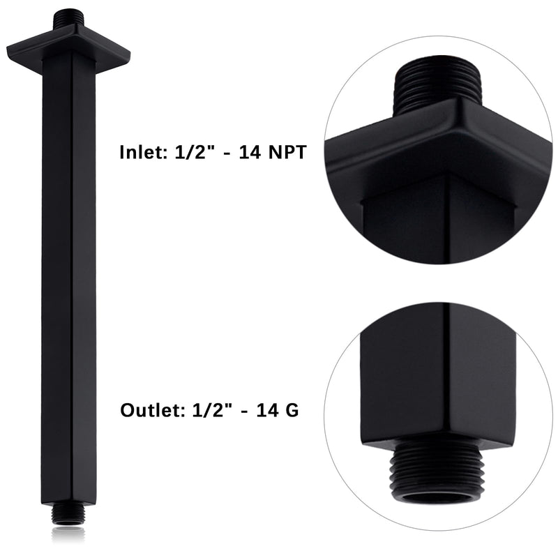 12 Inch Square Ceiling Mounted Shower Arm and Flange, Matte Black 12 Inch