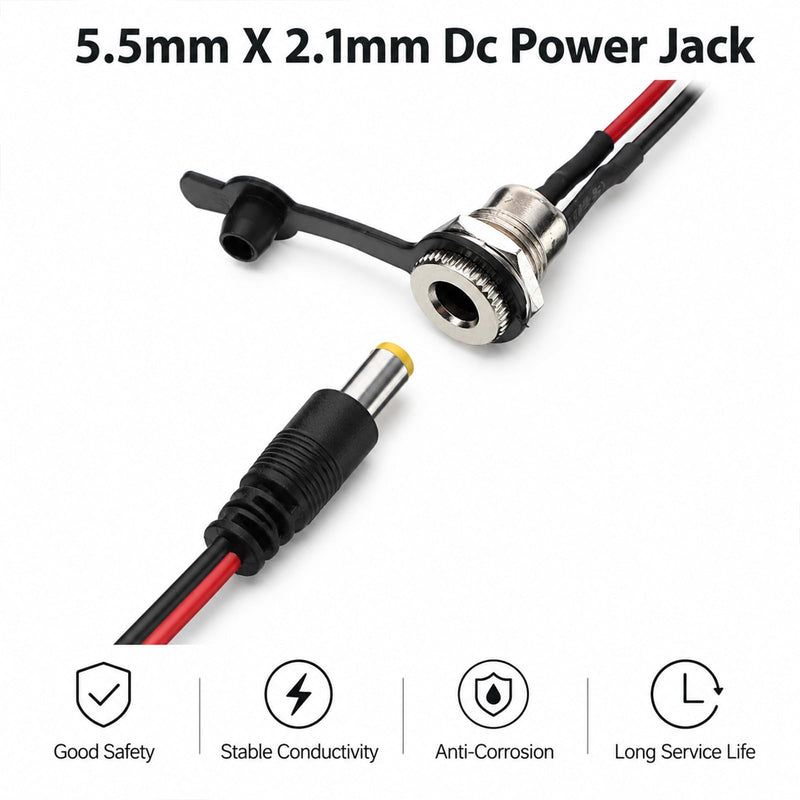 3Pcs DC Power Jack Socket Barrel Connectors 5.5 X 2.1 mm DC Jack | Threaded Female Mount Connector Adapter with Dust Caps for CCTV Camera, DIY Electronics Project, LED Strip