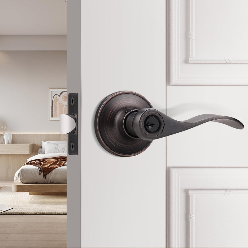 Probrico (1 Pack Entry Door Lever [Lock with 3 Keys],Locking Door Handle Set for Office or Front Door,Oil Rubbed Bronze Wave Entrance Door Lock with Key, Reversible Right & Left Side Handed 1 Keyed Entrance-not keyed alike