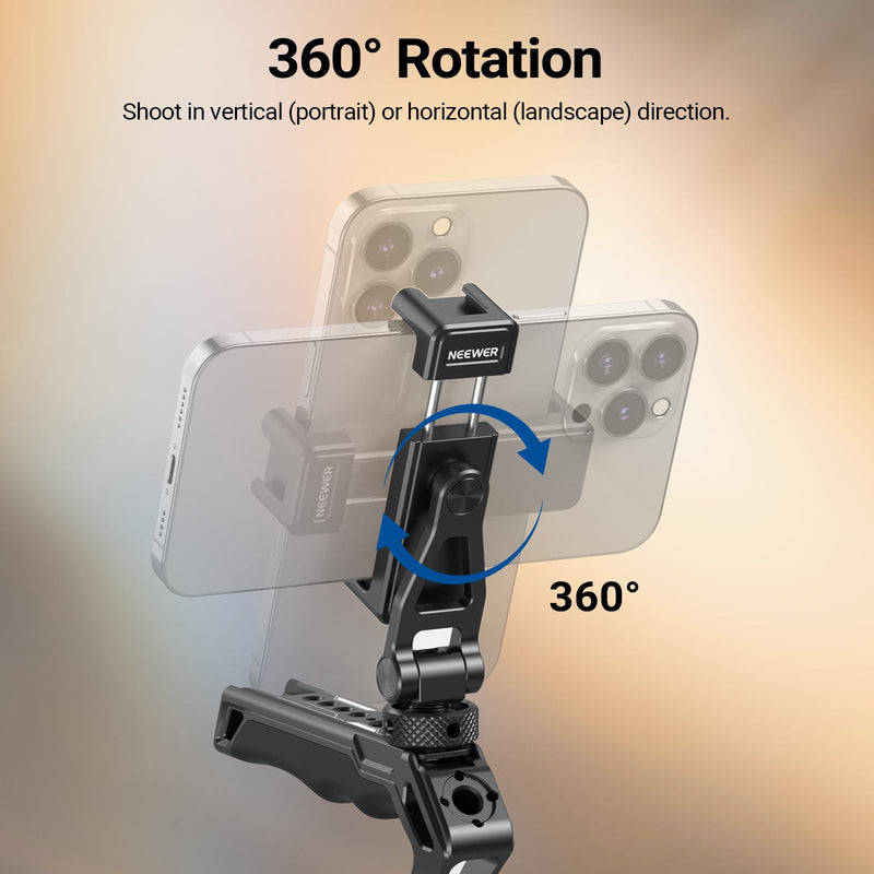 NEEWER GA010 Phone Tripod Mount, 65–90mm Adjustable Phone Clamp Holder with 1/4" Thread, 180° Tilt, 360° Swivel, Cold Shoe Accessories Compatible with iPhone 17 Pro Max Samsung S26 Ultra & More