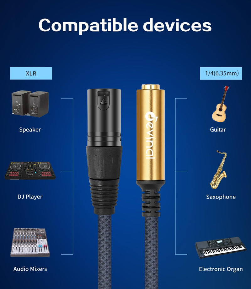 1/4" TRS Female to XLR Male Adapter Cable, 2-Pack – 1 ft (30 cm) Balanced Audio Cord, Nylon-Braided, Gold-Plated, Blue & Gold Rings