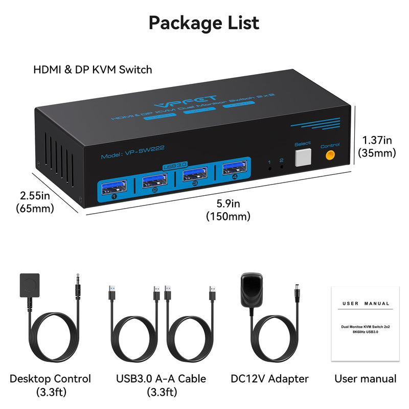 4K@120Hz Kvm Switch 2 Monitors 2 Computers 8K HDMI Displayport Dual Monitor KVM Switches 2 Ports for 2 PC Share Mouse Keyboard and 2 Screens with Desktop Controller and 2 USB 3.0 Cables 2 PC 2 Monitor