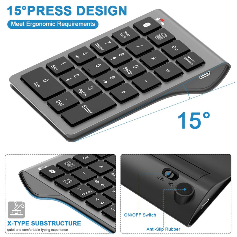 Bluetooth Number Pad Wireless & Wired 10 Key USB Keypad Two in One, Rechargeable Numpad for Laptops, Desktop, Computers Accessories Compatible with MacBook iPads ChromeBook EliteBook Notebook etc. Metal Grey