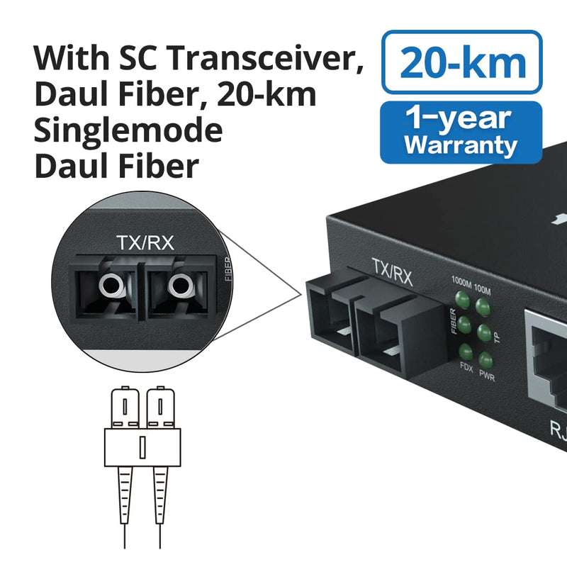 10Gtek Gigabit SingleMode Fiber to Ethernet Media Converter, Dual SC Fiber, 1000Base-LX to 10/100/1000Base-Tx Gigabit SMF Fiber SC to Copper RJ45 Ethernet Converter, UL Certified, 20km, Pack of 2 X2