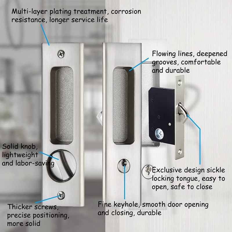 6.3" Privacy Pocket Door Lock Hardware、Sliding Barn Door Lock with Keys、Concealed Recessed Door Handle Door Lock Furniture Hardware Door Locks for Many Scenarios Bathroom, Barn,Bedroom (Silver) Silver