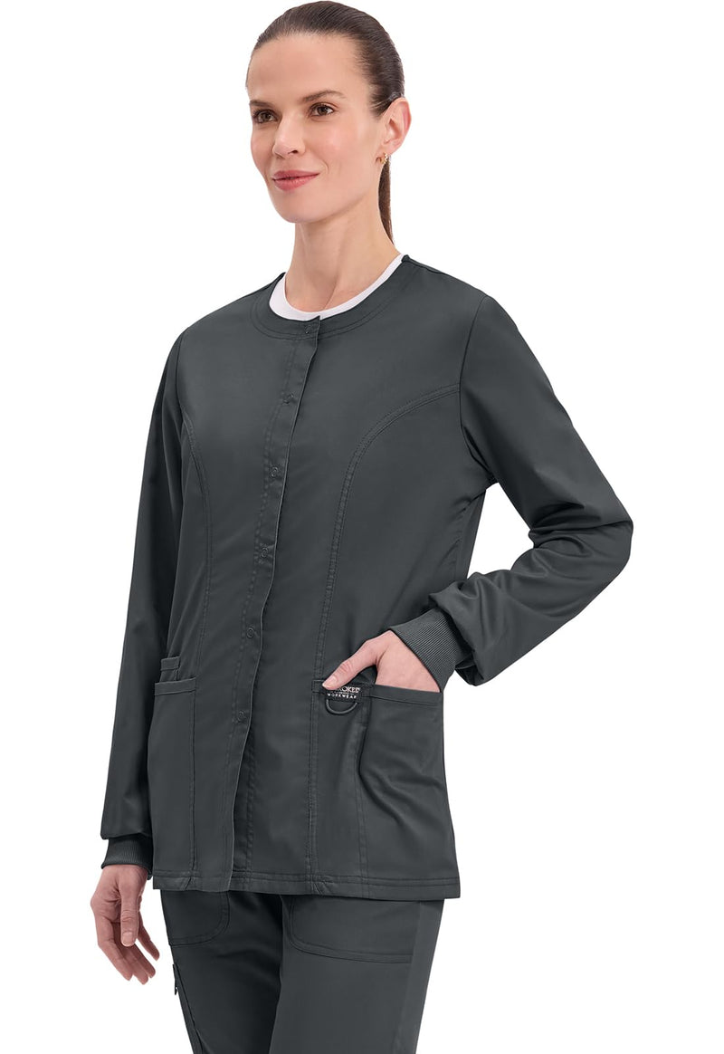 Cherokee Womens Scrub Jacket Nurse Snap Front Medical Uniform with Pockets, 2-Way Stretch, Easy Care Soft Fabric - WW310 Medium Black