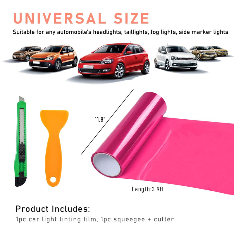Car Light Tint Film, 12×48 Inch Tint Vinyl Wrap Film Roll with Squeegee and Cutter, Self-Adhesive Film Sticker for Car Headlights Tail Lights Fog Lights, Car Accessories (Pink)
