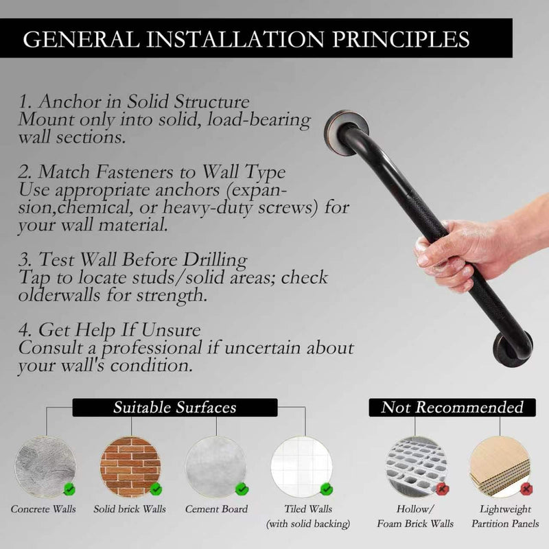 16" Shower Grab Bar, Oil Rubbed Bronze Finish, Stainless Steel Bathroom Safety Bar with Non-Slip Knurled Handle, Heavy Duty Handrail for Elderly or Disabled (1" Diameter) 16