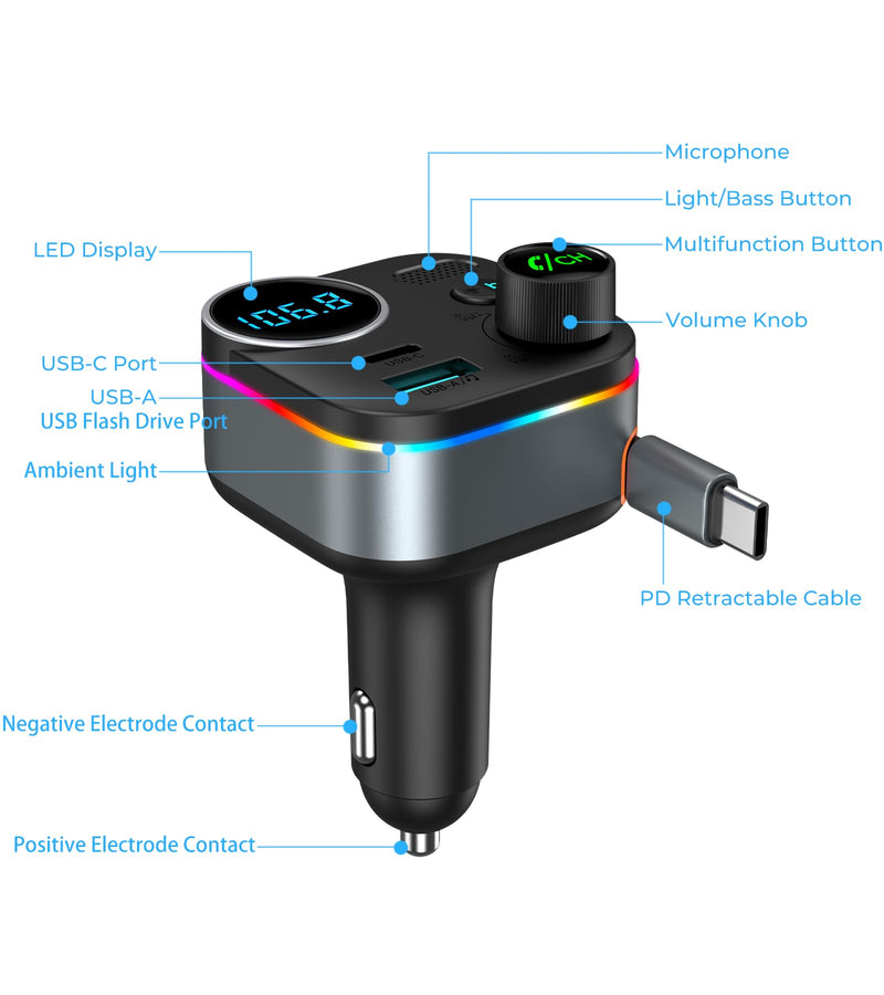 Bluetooth 5.4 FM Transmitter, 72W Car Charger with 45W Retractable USB-C PD | Built-in Cable, Hands-Free Calling, Deep Bass, LED Display, USB Drive Music Player for Cars Trucks