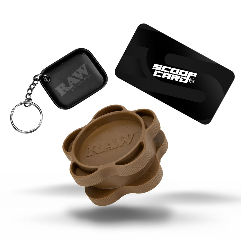 RAW Gripper Grinder - Spice Mill - Medium Grind V2 + RAW Tiny Matte Black Murder'd Tray KeyChain - Unique Collectible Brown