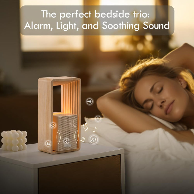 WILIT Digital Alarm Clock, Sunrise Alarm Clock with Nightlight, 9 Sleep Aid Sounds, White Noise Sounds Machine, Dimmable Display,USB Charging Port,Wood Grain Imitation,Gift for Women,Men,Travel Wood Grain