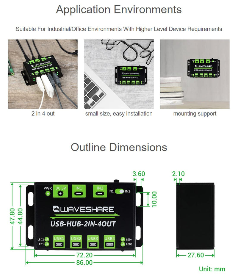 Waveshare Industrial Grade USB HUB Extending 4X USB 2.0 Ports Switchable Dual Hosts Sharing USB Devices for Two Hosts