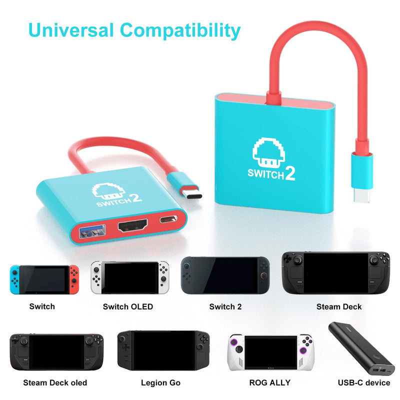 Switch 2 Dock, Portable TV Dock Station for Switch/Switch 2/Steam Deck/ROG Ally/Legion GO, 3-in-1 Switch 2 Travel Dock with HDMI 8K@60Hz or 4K@60Hz, USB 3.0 and 100W Charge PD Port 8K Dock