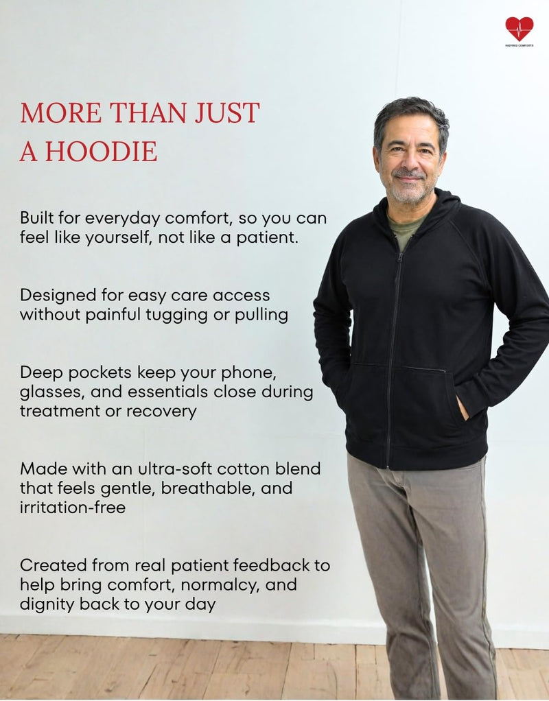 Inspired Comforts Unisex Dialysis & IV Access Hoodie – Dual Arm Zippers, Thumbhole Sleeves & Pockets Black Medium