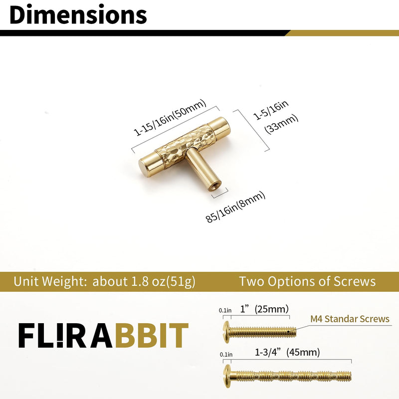 Polished Brass Cabinet Pulls, 5 Pack Modern Gold Solid Brass Dresser T-Bar Handles Cupboard Drawer Hardware for Bathroom Kitchen (5, T Knobs Single Hole)