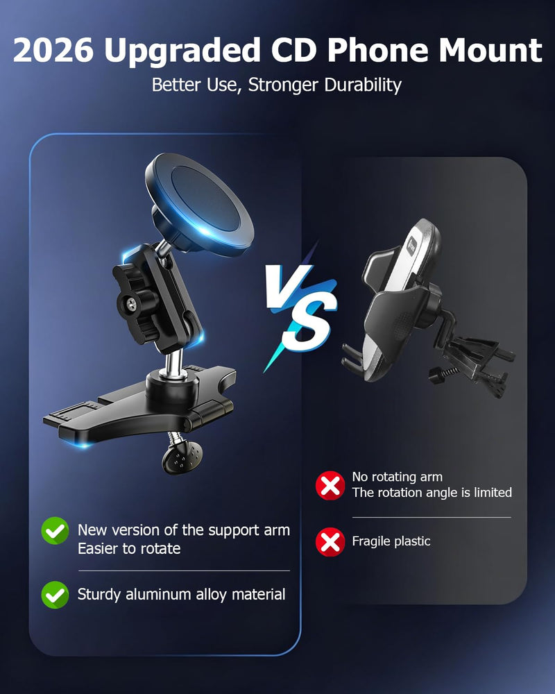 CD Slot Phone Holder for Car Magnetic [Driver and Passengers can Use] Magnet Car Phone Mount CD Player with Adjustable Aluminum Arm for All iPhones & Android Cell Phones