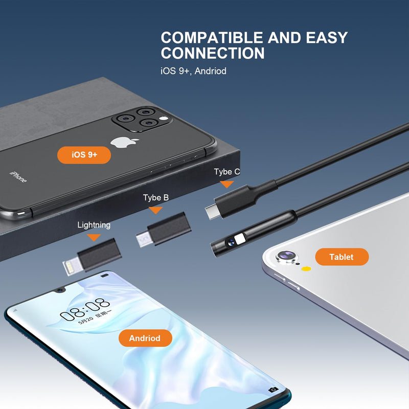 【Dual-Lens BORESCOPE Inspection Camera HD with Light】 Endoscope with Adjustable LED - Compatible with iPhone, Samsung, iPad, iOS & Android - 3.0MP HD, IP67 Waterproof, 16.5ft/5m