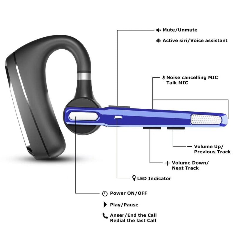 Bluetooth Headset V5.0, Wireless Bluetooth Earpiece 24Hrs HD Calling,CVC8.0 Dual Mic Noise Cancelling, Hands-Free Bluetooth Earphone for Driving/Business/Office (Blue)