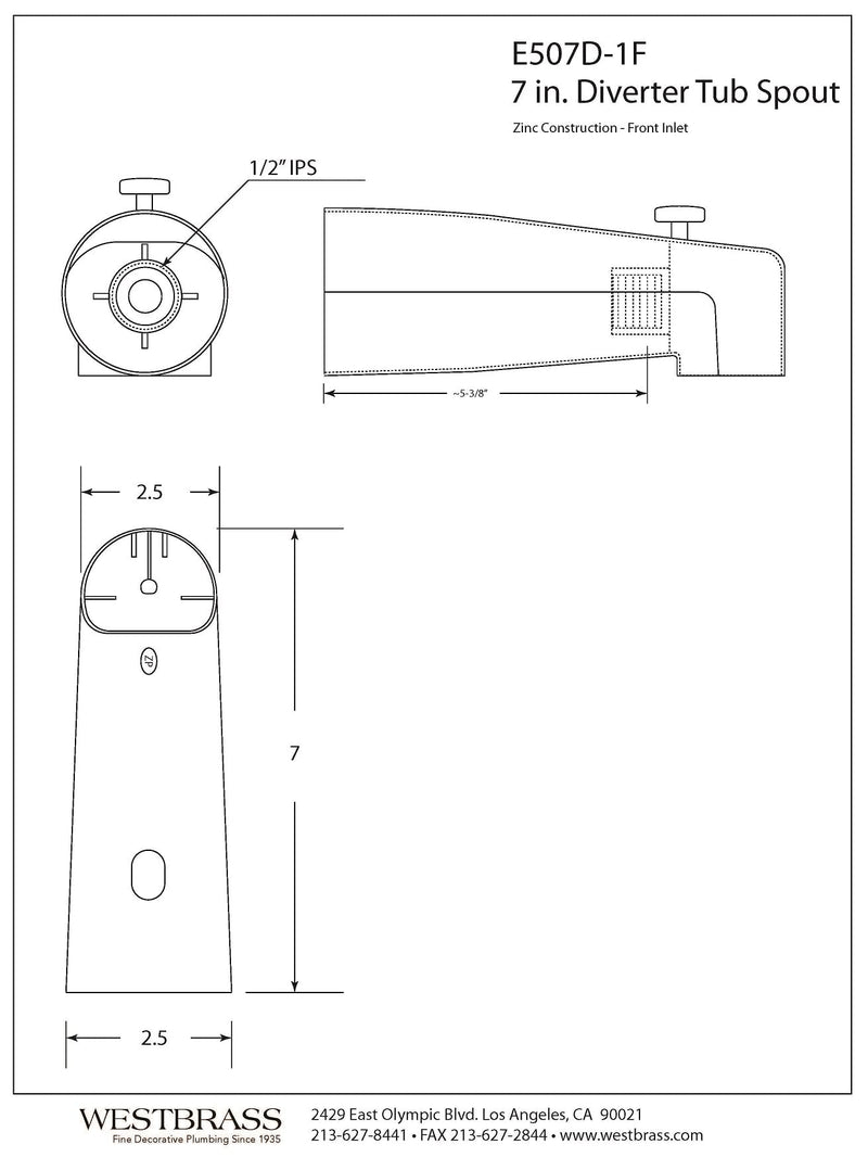 Westbrass 7" Diverter Tub Spout, Satin Nickel, E507D-1F-07