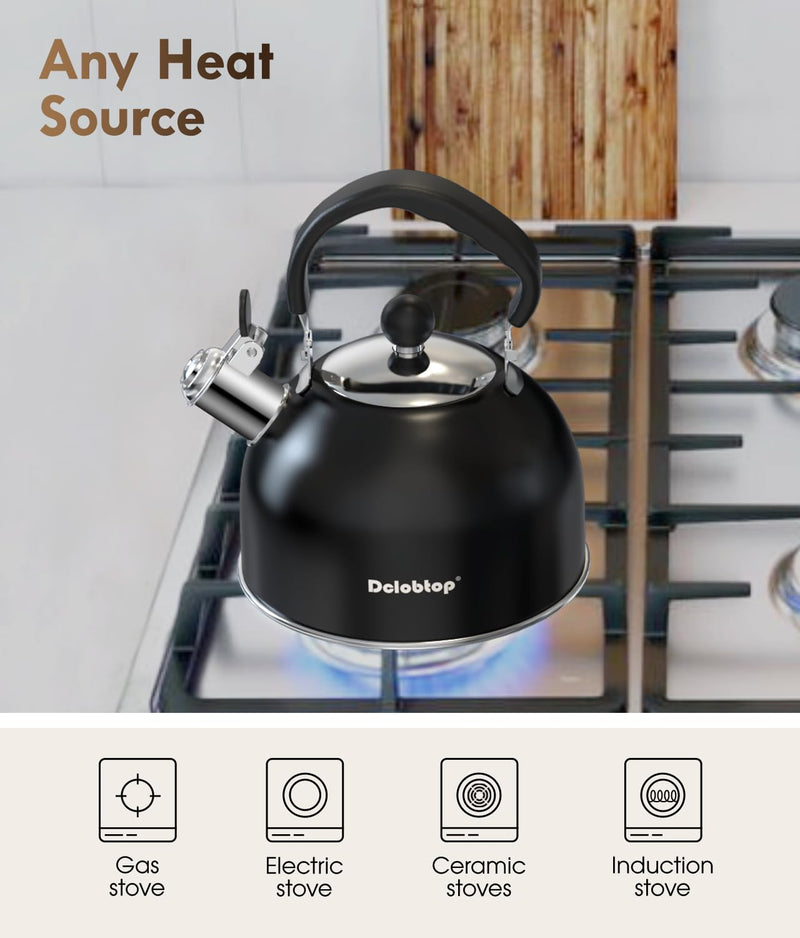 Premium Stainless Steel Tea Kettle for Stove Top - 2 Quart Classic Stovetop Teapot, Loud Whistle Kettle with Ergonomic Handle - Ideal for Hot Water & Tea,Coffee & Kitchen Decor(black) Black