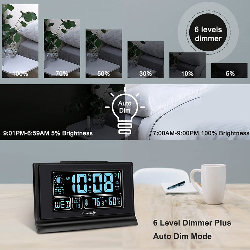 DreamSky Alarm Clocks for Bedrooms with Battery Backup, Auto Set Digital Clock with Date and Day of Week, Indoor Temperature Humidity, Moon Phase, Dimmer, Auto DST, USB Port Black-humidity & Moon Phase