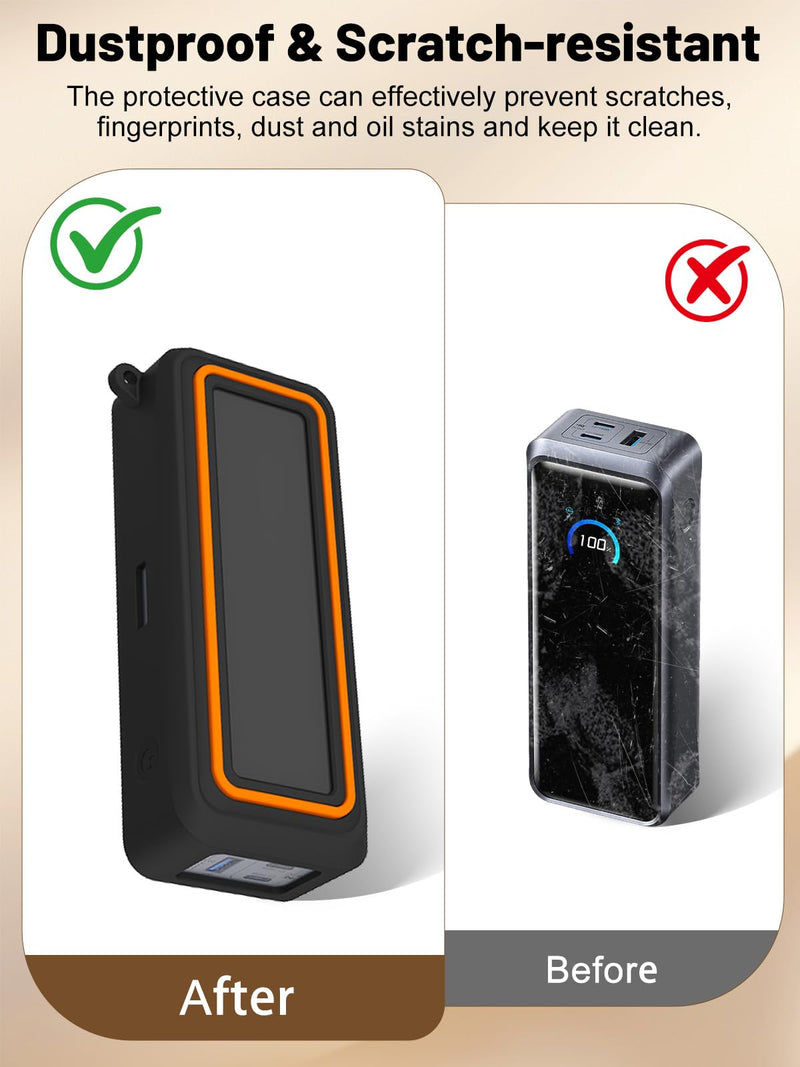 Silicone Protective Case for Anker Prime Power Bank 26,250mAh 3-Port Portable Charger, Full-Body Protective Cover with Precise Cutouts, Shockproof & Scratch-Resistant Sleeve (Black with Orange Line)