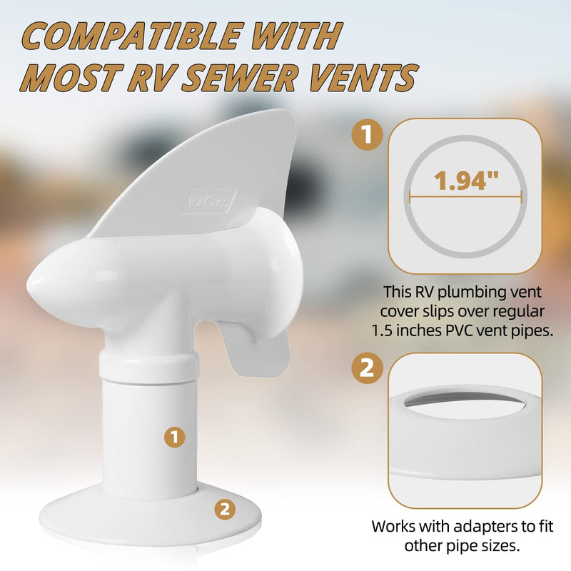 TonGass (2-Pack, White RV Rotating Sewer Plumbing Vent Cover for RV Rotating Holding Tank Vent Wind-Powered Cover Draws Holding Tank Odors Out - Rotates 360 Degrees - Includes Mounting Hardware 2