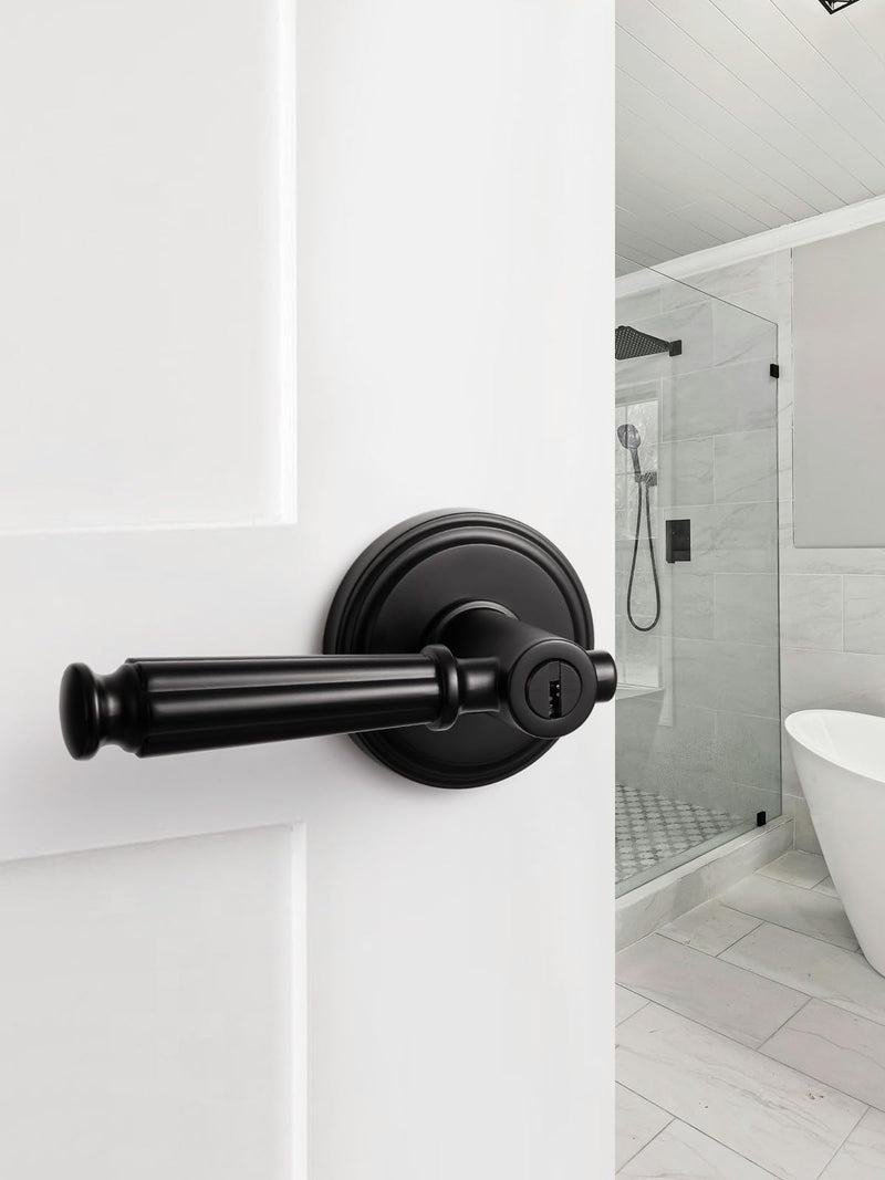Black Keyed Entry Door Handle with Lock and Key, Black Door Lever | Entrance, Exterior, Interior Bedroom DoorHandle, Aluminium Alloy Handle Lever, 1 Pack