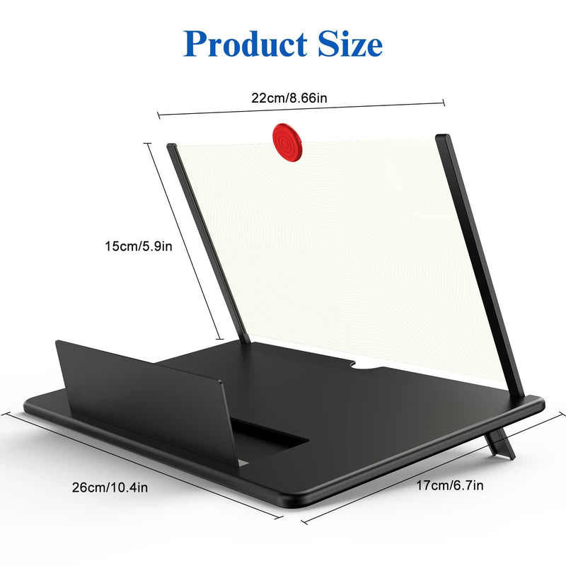 12" Screen Magnifier,3D HD Mobile Phone Magnifier Projector Screen Enlarger for Movies, Videos, and Gaming,Foldable Cell Phone Stand with Screen Amplifier,Supports All Smartphones (Black, 12inch) Black