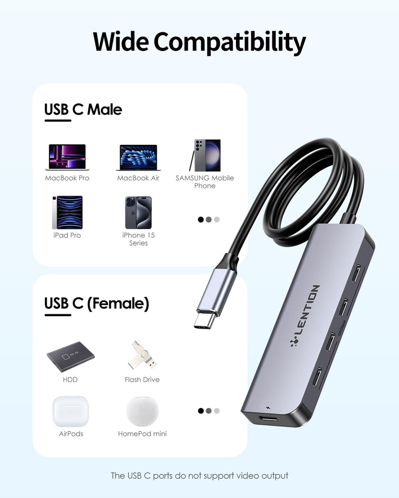 LENTION 2FT Long Cable USB C Hub with 4 x USB C Ports (USB 3.2 Gen 2, 10 Gbps,Thunderbolt Speed), 100W PD Charging, Compatible 2023-2016 MacBook Pro, New Mac Air/Surface, More (CE31s, Space Gray)