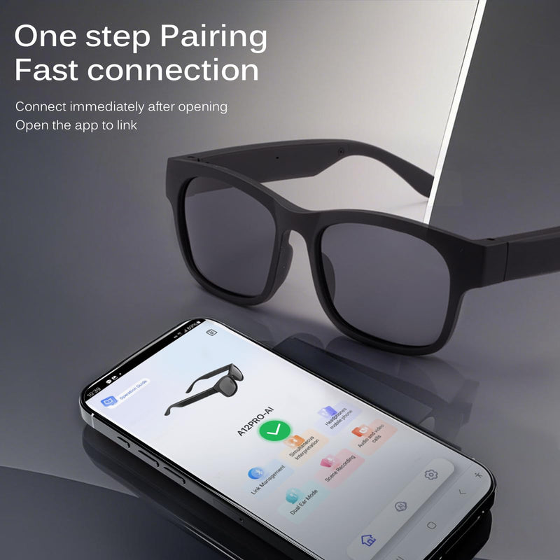 AI smart glasses, AI dialogue voice wake-up, 115 language translation, simultaneous interpretation, on-site recording translation, use mobile app audio and video translation, conference translation