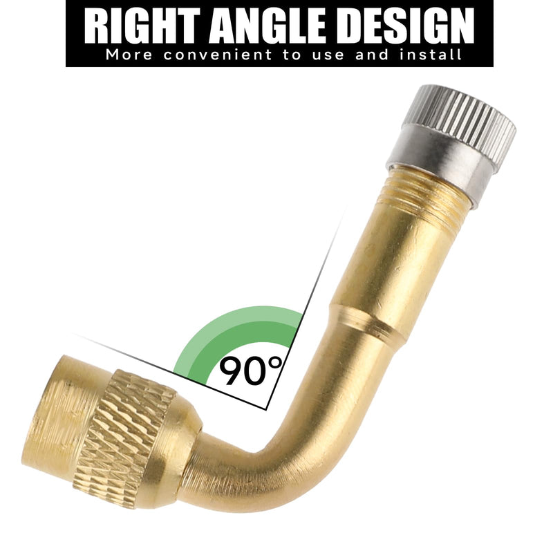 90 Degree Valve Stem Extenders, 2 Pcs Universal Brass Tire Valve Extension Adaptor Metal Valve Stem Extensions for Passenger Cars, Bicycles, Motorcycles, RV, Trailers Gold
