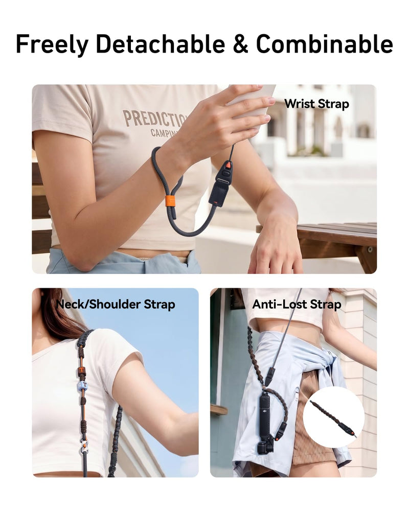 TELEISN Quick Release 3-in-1 Shoulder Strap for DJI Pocket 3/4/Camera/Phone | 3-in-1 Detachable Wrist/Neck/Shoulder Chic Braided Strap for Insta360 Luna Ultra, with Phone Tether Tab & 1/4" Screw Adapter Black