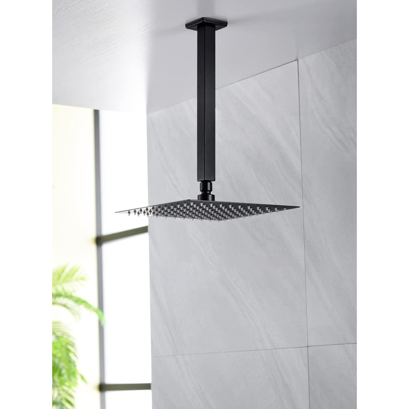 12 Inch Square Ceiling Mounted Shower Arm and Flange, Matte Black 12 Inch