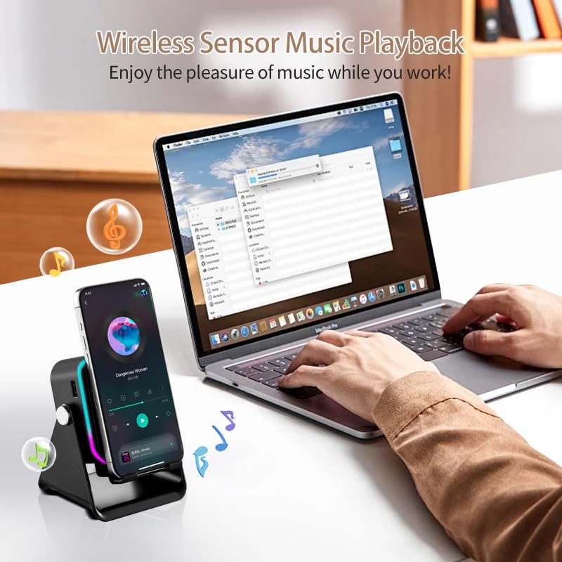 Wireless Induction Speaker 5-in-1 Bluetooth Speaker with Phone Holder, Surround Sound, 3500mAh, 8 RGB Ambient Lights, 360° Adjustable Stand, Holder for iPhone/Android/iPad Gifts for Men Women (Black) Black