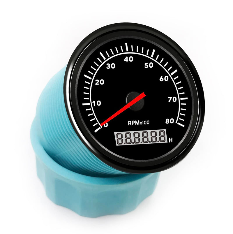 Universal Marine Tachometer Gauge Outboard Waterproof 85mm 0-8000 RPM with Red Backlight Hour Meter for Boat Car Motorcycle 12V/24V Black