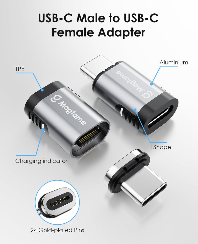 Magnetic USB C Male to USB C Female Adapter, 240W Type C Adapter Extender, 20Gbps Data Transfer 4K Video Output for Steam Deck, ROG Ally, Switch, Notebook, PC, Tablet, iPhone 15 Straight 1 Pack 240W Stright-20Gbps