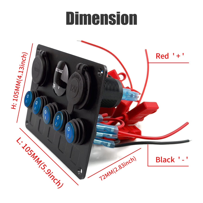 Upgrade Blue 5 Gang Marine Boat Rocker Switch Panel Circuit Breakers, Waterproof Switch Panel with 15A Inline Fuse for Truck RV, Digital Voltmeter USB Charger Port DC 12 Volt Power Outlet Socket