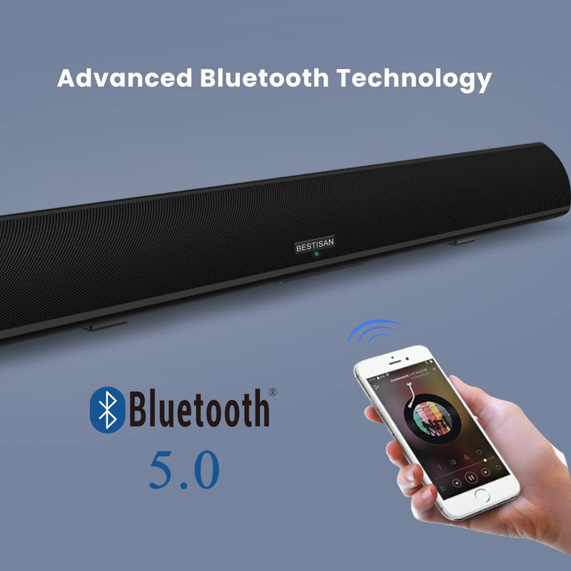 Sound bar, BESTISAN Soundbar Wired and Wireless Bluetooth 5.0 HDMI-ARC Speaker for TV (28 Inches, HDMI-ARC Connection, Optical Cable Included, DSP, Bass Adjustable, Wall Mountable) 28Inch