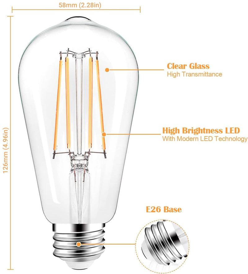 PARTPHONER LED Light Bulbs Dimmable Vintage Edison Bulb, E26 LED Bulb 60W Equivalent 720 Lumens, Warm White 2700K, ST58 Antique LED Filament Bulb CRI 85+, Clear Glass, Pack of 12 12 Count (Pack of 1)