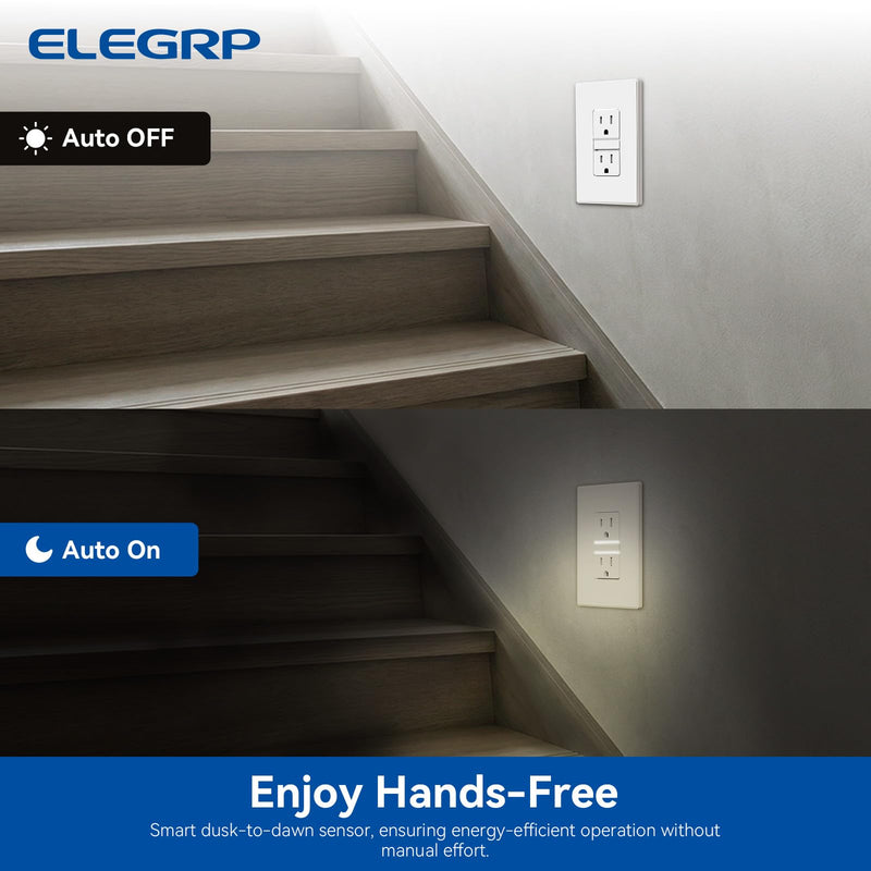 ELEGRP Decorative Outlet Night Light, Electrical Wall Outlets with Built in Led Guidelight 3000K, Tamper Resistant Receptacle, 15 Amp 125 Volt, Plate Cover Included, Matte White, 4 Pack Wall Plate Included Warm White