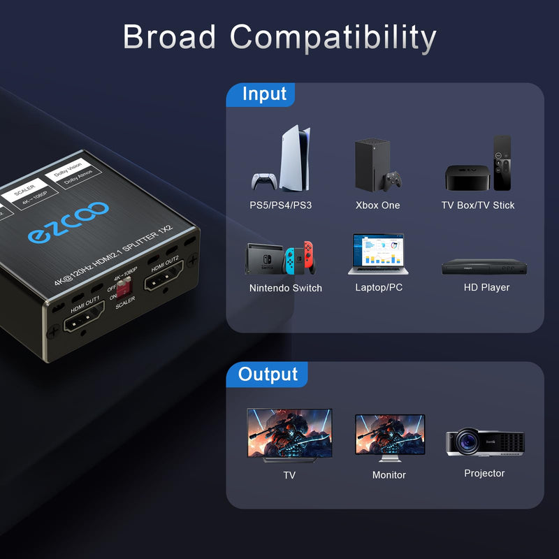 HDMI 2.1 Splitter 4K 120Hz 8K 60Hz 1 in2 out VRR ALLM HDCP2.3 HDR10 8KUHD Dolby Vision Atmos Scaler 4K EDID 1080P Dual Monitors HDMI 2.1 Splitter 1X2 for PS5 SkyQ Xbox NVIDIA AMD