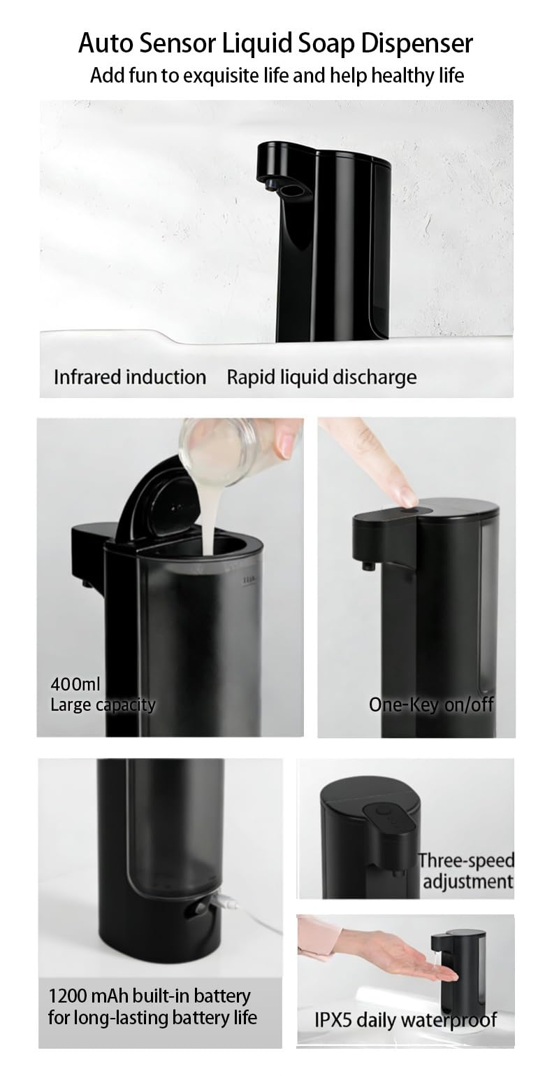 Automatic Soap Dispenser Touchless Dish Soap Dispenser 13.5oz/400ml with Infrared Sensor Type-C Rechargeable Liquid Dispenser for Bathroom and Kitchen Black